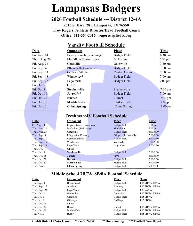 Lampasas Badgers 2026 football schedule with varsity, JV, and middle school games listed by date and opponent.