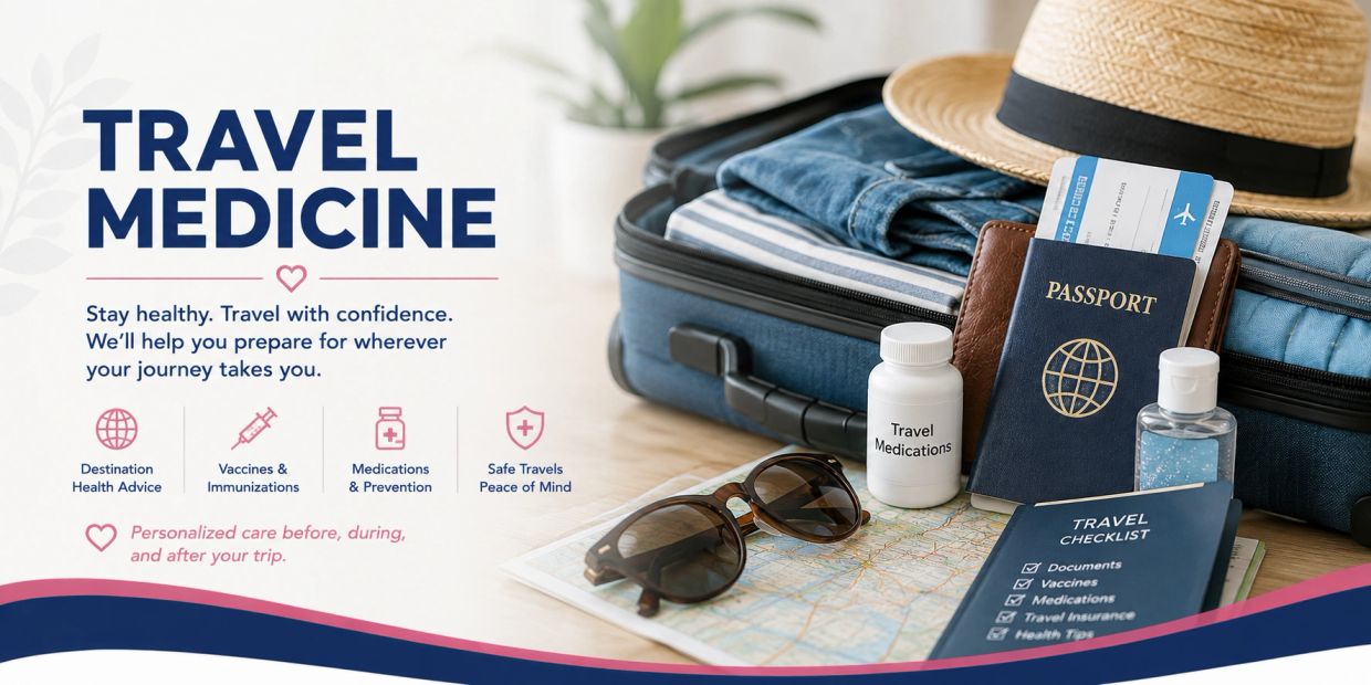 Travel medicine essentials with passport, medications, and checklist.
