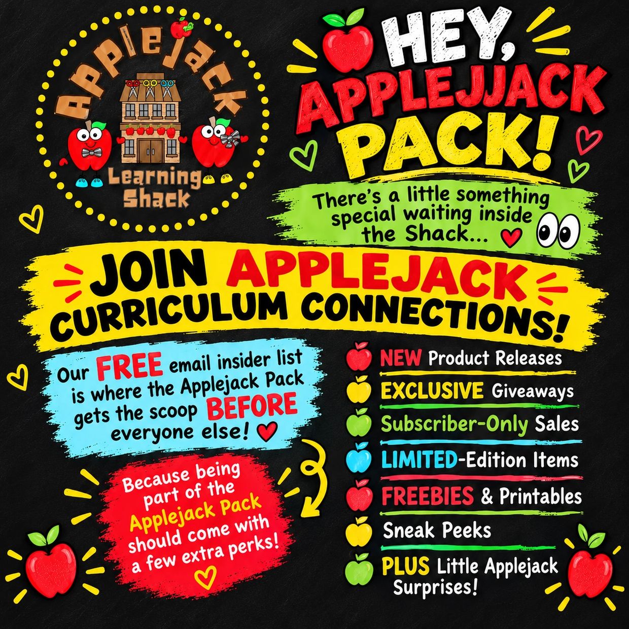 Colorful flyer inviting to join Applejack Pack Curriculum Connections for exclusive perks.
