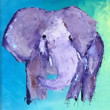 Abstract purple elephant painting on blue-green background.