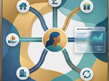 Illustration of a woman's profile connected to financial and business icons.
