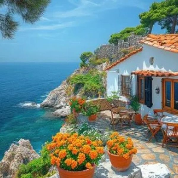 Coastal patio with flowers and ocean view.