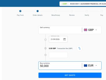 Currency exchange interface showing GBP to EUR conversion.