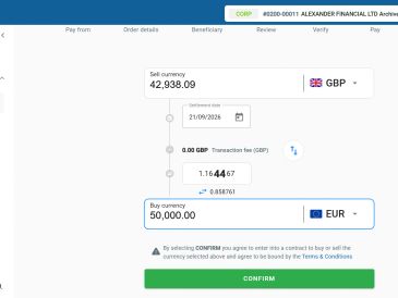 Currency exchange transaction screen for GBP to EUR.