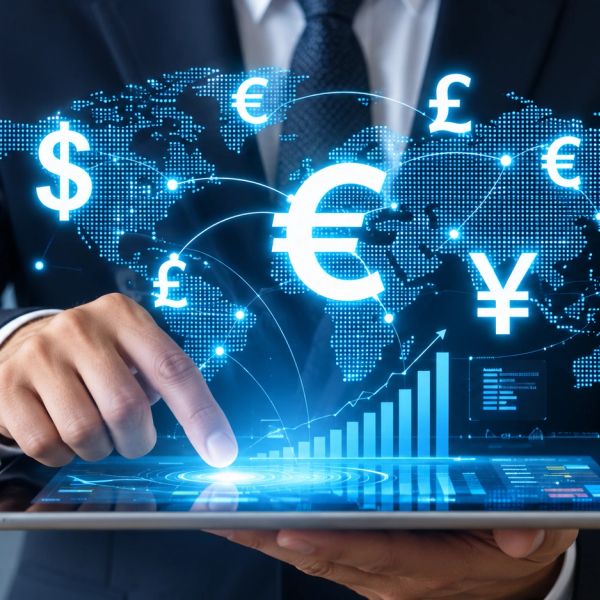 Businessman interacting with financial symbols on a tablet.
