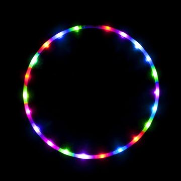 A colorful LED hula hoop with vibrant, swirling lights, glowing brightly in the dark. 