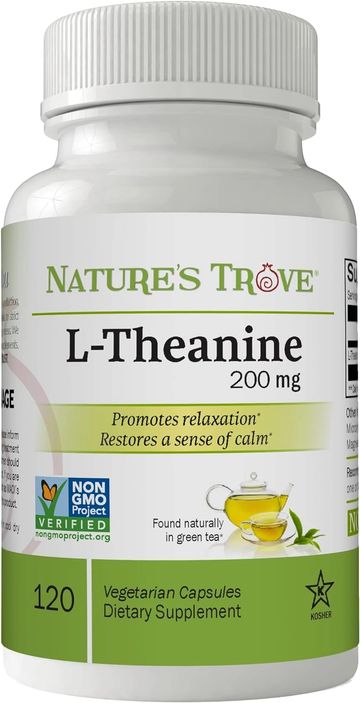 Bottle of L-Theanine supplements. Promotes relaxation and restores a sense of calm. Vegetarian.