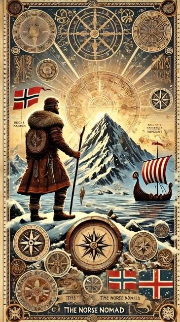 Viking explorer overlooking mountain and Viking ship.