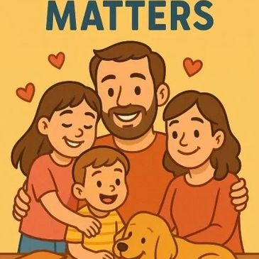 Happy family and dog together with hearts around.