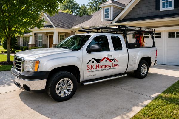 Work truck parked in driveway with company logo.