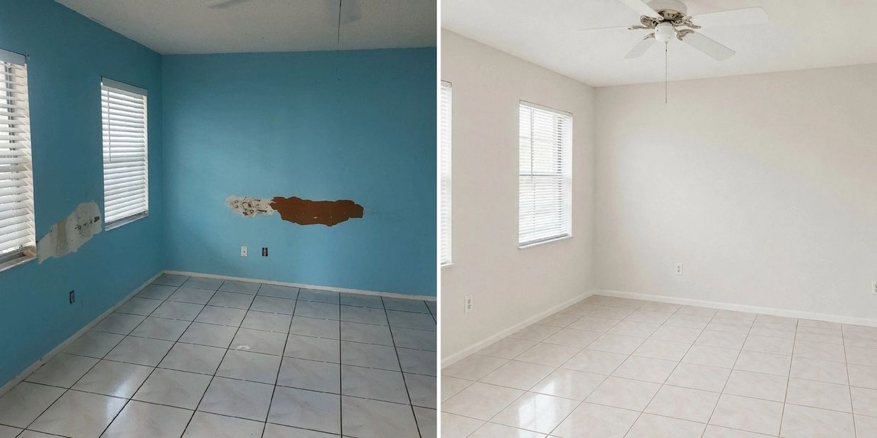 Before and after of drywall repair and professional painting by 3E Homes, Inc.