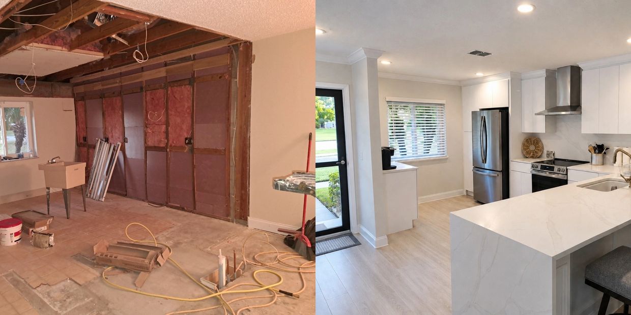 Kitchen remodeling before and after showing a complete kitchen renovation in Kissimmee, Florida.