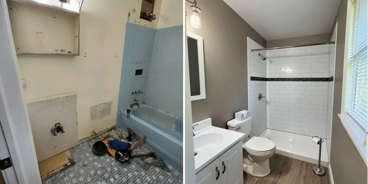 Before and after of a complete bathroom remodel with new shower tile, vanity, flooring and paint.