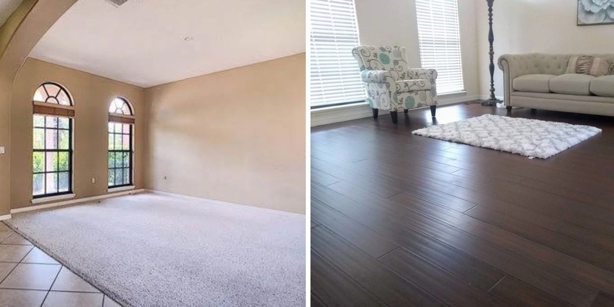 Before and after flooring replacement with dark wood-look flooring.