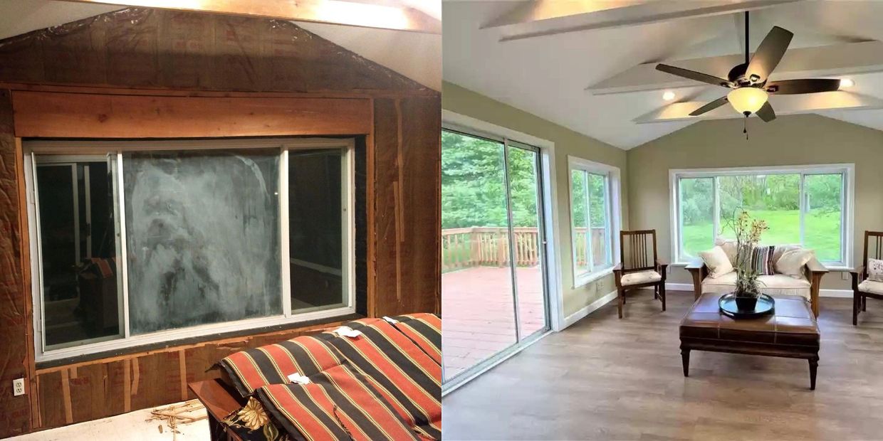Before and after home renovation with new flooring, paint, trim and updated living space