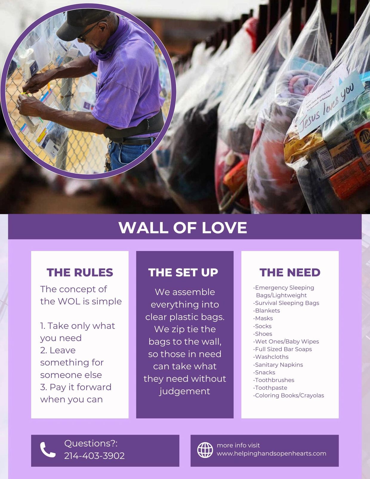 Wall of Love offers essential items in clear bags for those in need, promoting kindness and community support.