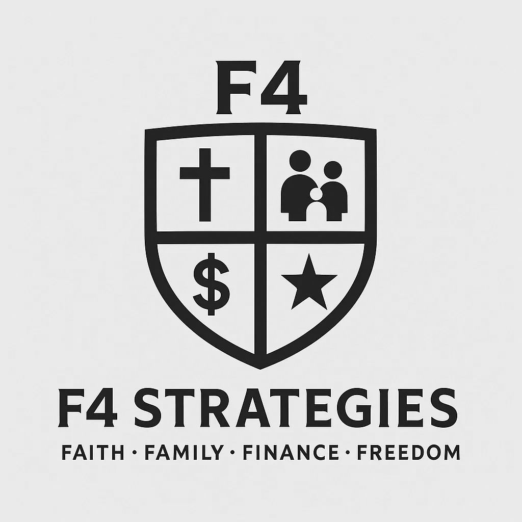 F4 Strategies logo with symbols for faith, family, finance, and freedom.