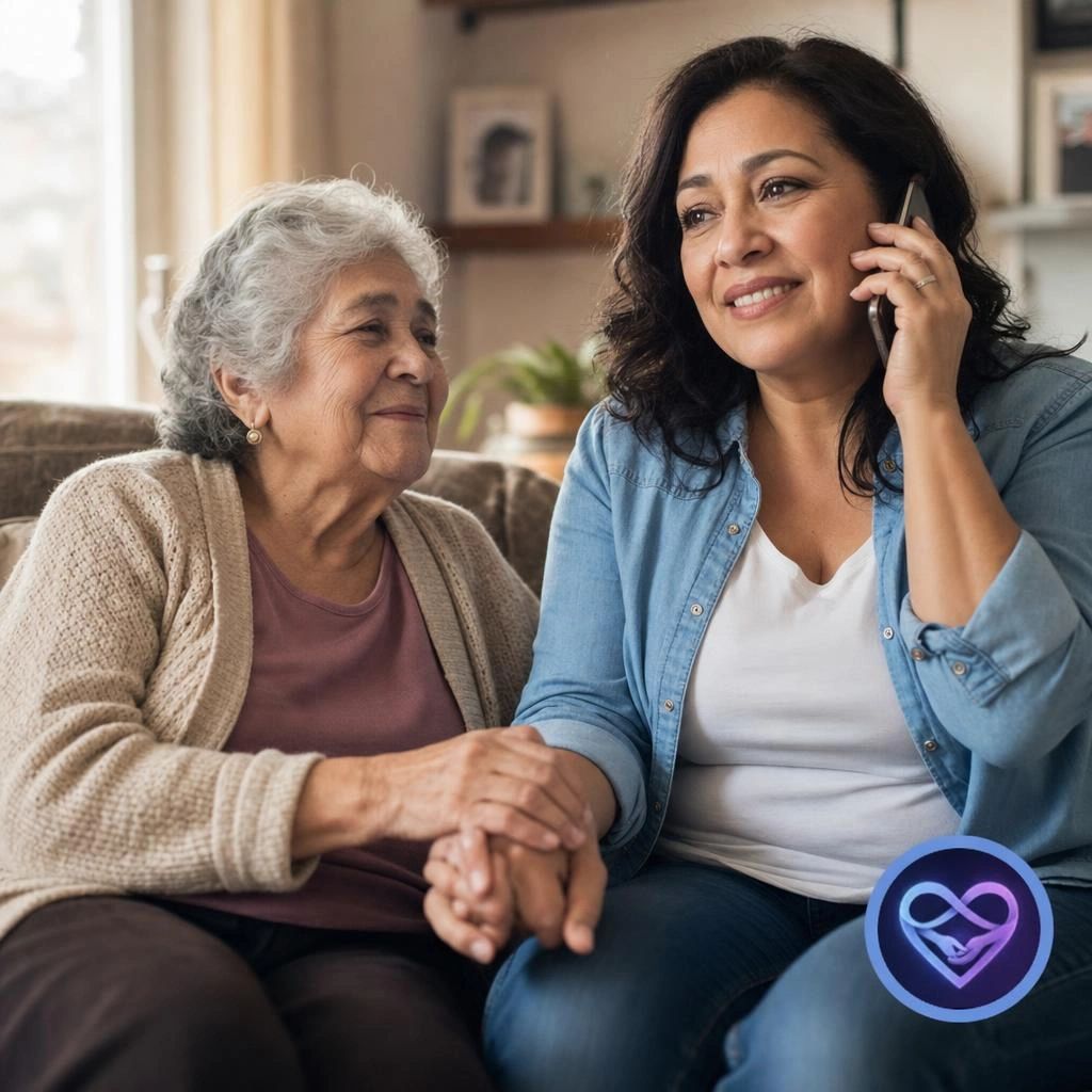 A woman on the phone holds hands with an elderly woman, sharing a tender moment.