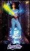 A futuristic woman holding a glowing sword in a neon-lit alley.