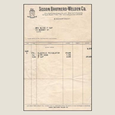 Vintage bill from Sisson Brothers-Weldon Co. to Mrs. Alice F. Day,