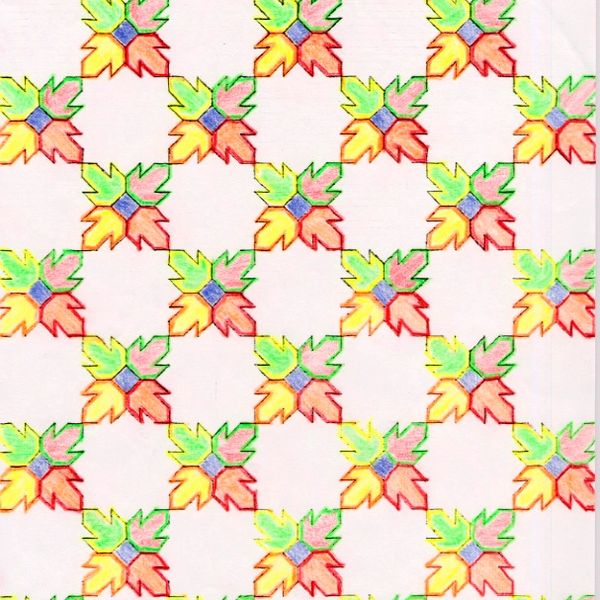 Colorful geometric leaf pattern with green, yellow, orange, and red hues.