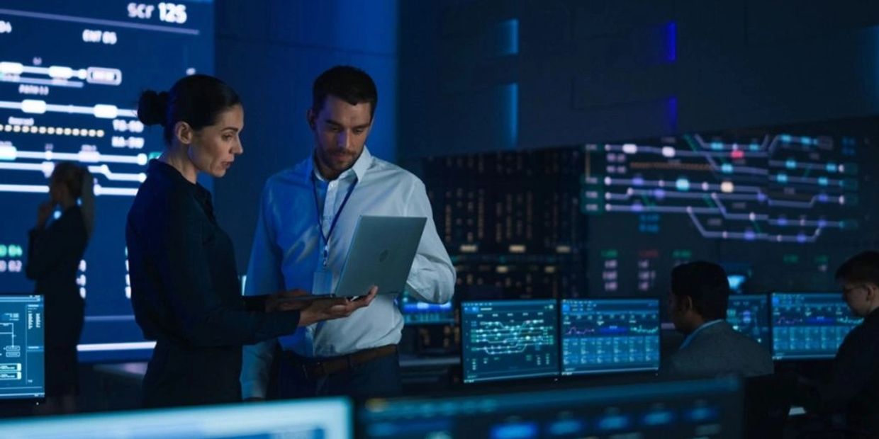 Two professionals analyzing data on a laptop in a high-tech control room.