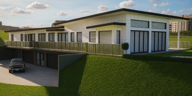 Modern house with a car parked in the garage.