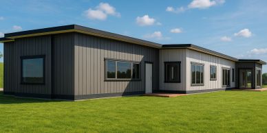 Modern single-story house with gray siding and large windows.