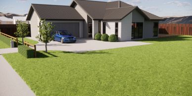 Modern house with a car and well-kept lawn.