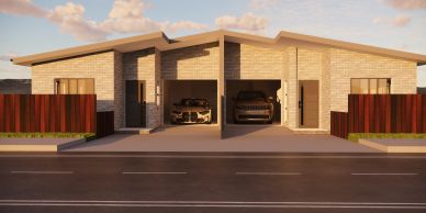 Modern duplex house with two garages and parked cars.
