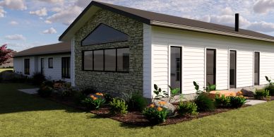 Modern house with stone accent and garden.
