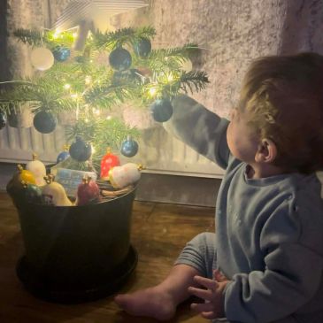 Toddler reaching for ornaments on a small, lit Christmas tree.