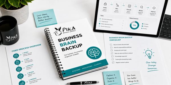 Workspace with business brain backup materials and digital checklist.