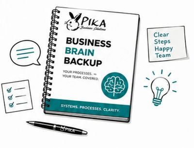 Business Brain Backup notebook with pen and motivational notes.