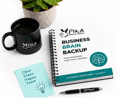 Branded business notebook, pen, mug, and motivational note on a clean workspace.