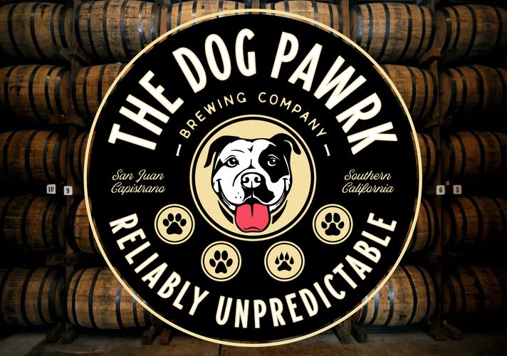 The Dog Pawrk Logo  on a background of wood barrels