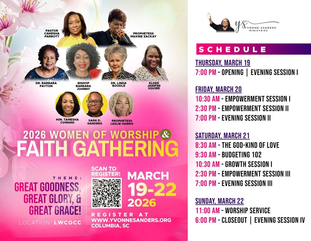 Flyer for 2026 Women of Worship &amp; Faith Gathering with schedule and speakers.