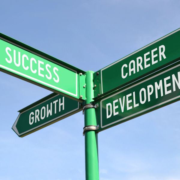 Green signpost with directions to success, career, growth, and development.