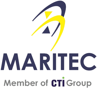 Logo with yellow and dark blue abstract figure above MARITEC text.