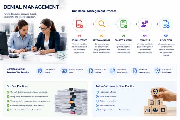 Infographic on denial management process, reasons, best practices, and outcomes.