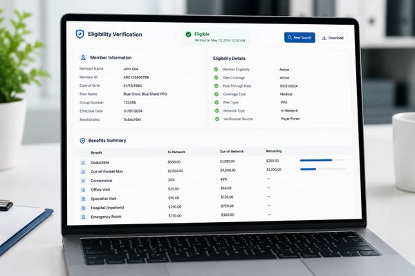 Eligibility verification and benefits summary displayed on a laptop screen.