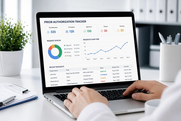 Person viewing a prior authorization tracker dashboard on a laptop.