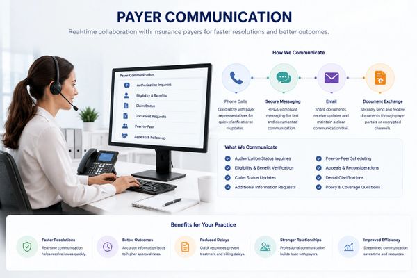 Woman using computer for real-time payer communication with insurance for faster resolutions.