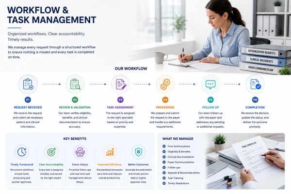 Workflow and task management process with six steps and key benefits.