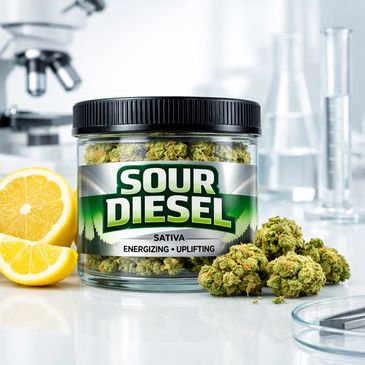 Jar of Sour Diesel cannabis buds with lemon slices and lab equipment.