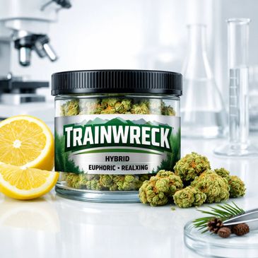 A jar of Trainwreck hybrid cannabis with lemon slices and lab glassware.