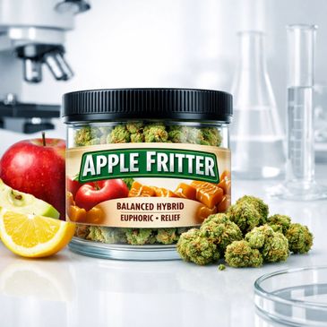 Jar of Apple Fritter cannabis buds with fresh fruits and lab equipment.