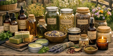 A rustic herbal apothecary setup with jars, oils, and dried herbs.