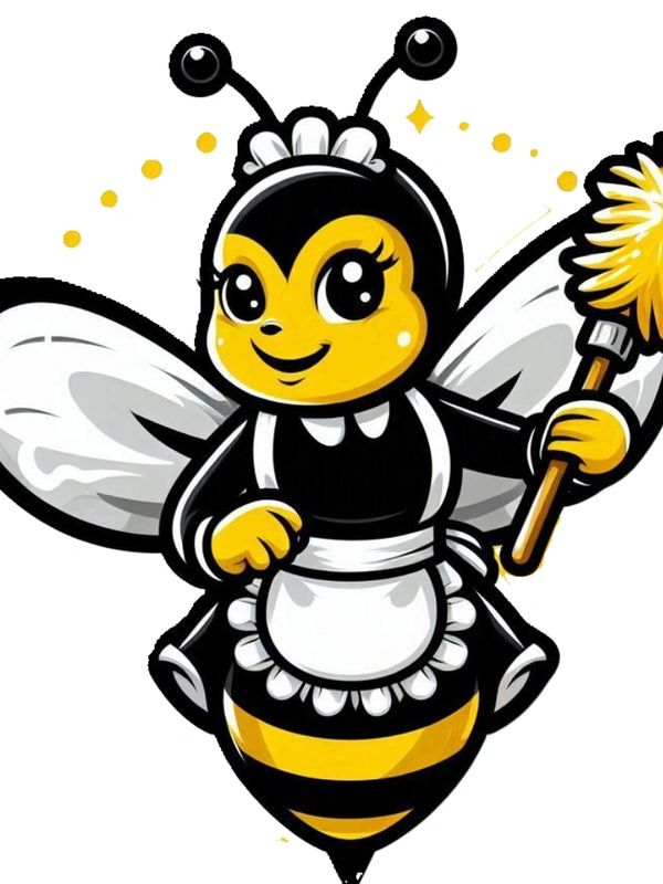 Busy bee cleaning services logo, a cute bumble bee smiling holding a dust wand