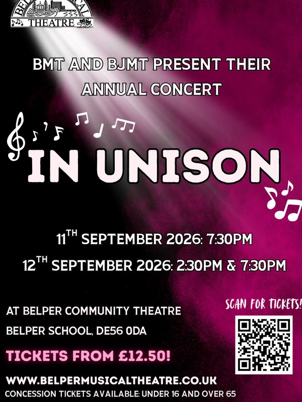 Poster for 'In Unison' concert by BMT and BJMT in September 2026 at Belper Community Theatre.